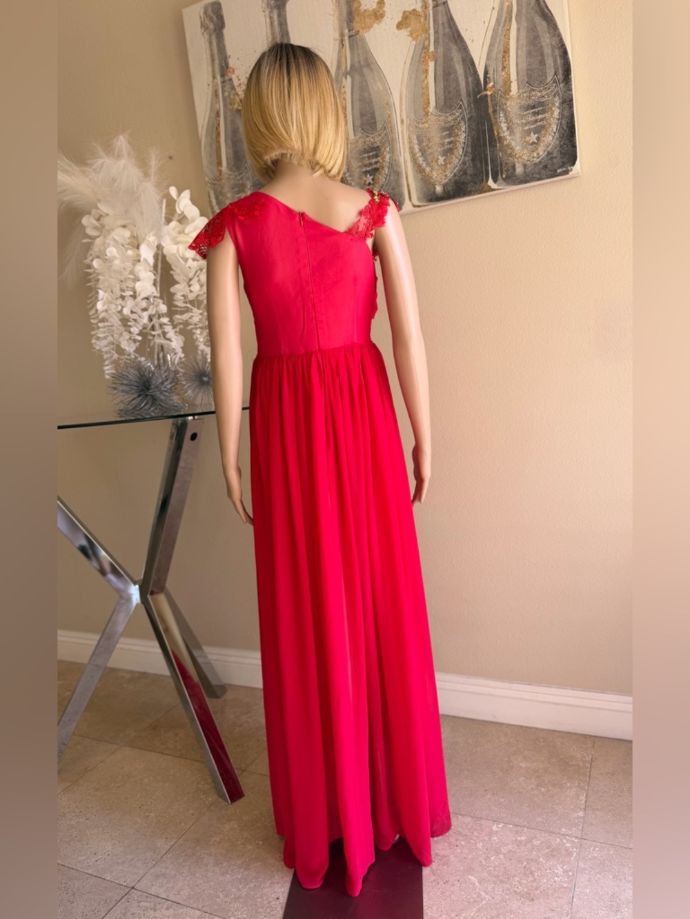 Red Embellished Sheer Panel Jumpsuit - Picture 6 of 6